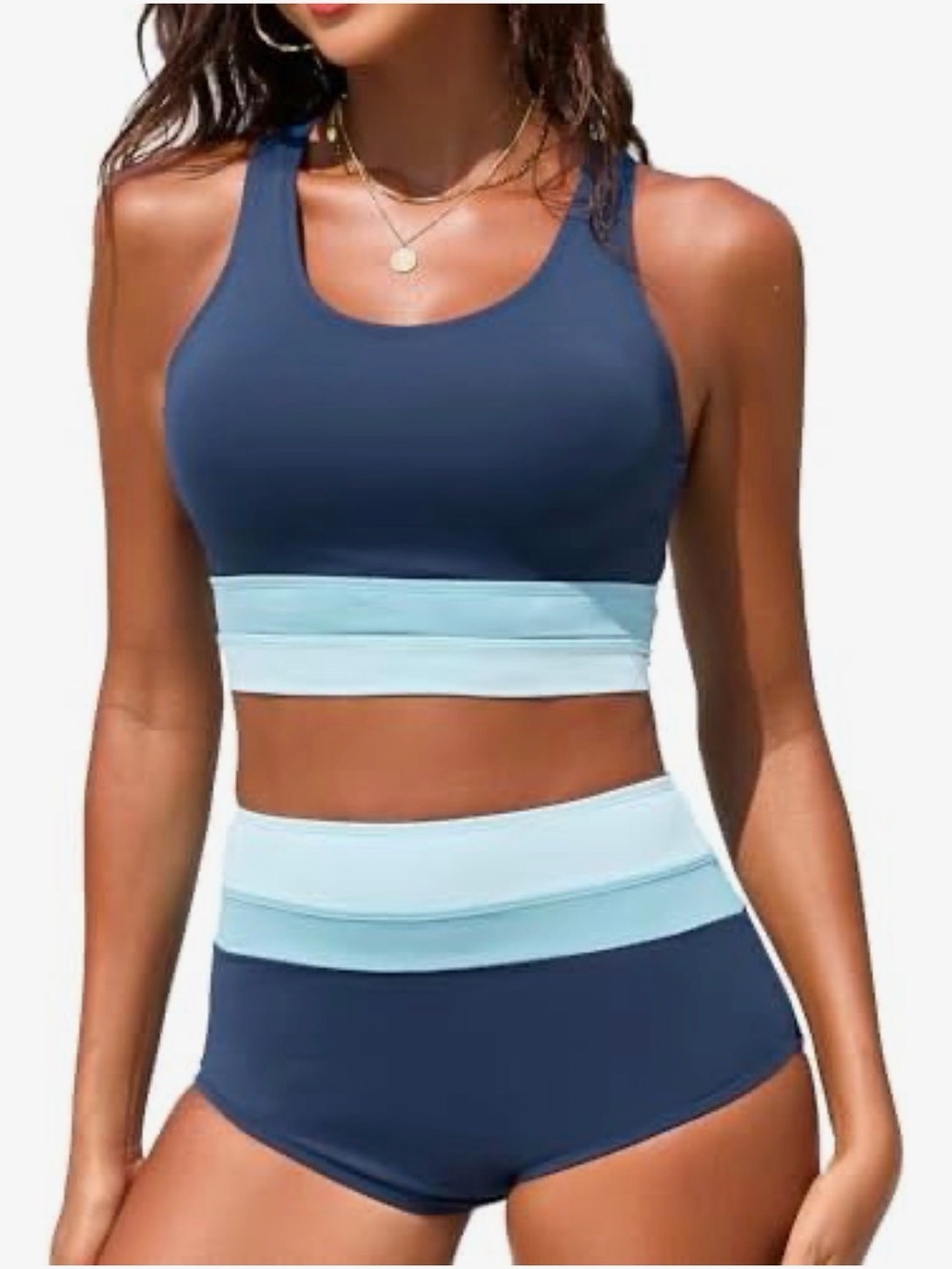 Navy and Light Blue High-Waist Sport Bikini Set - Women Swim